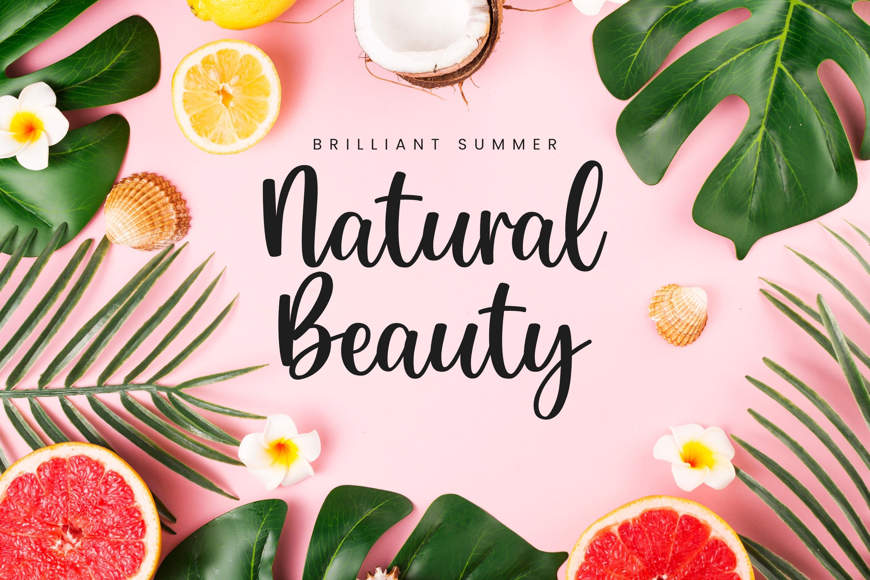 Headline "Natural beauty" on a pink background with fruits.