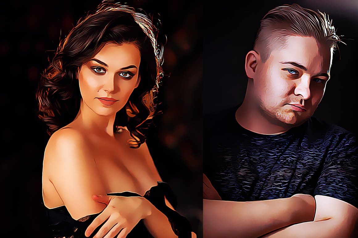 Vector oil painting preview of a woman in a black dress and a man in a t-shirt.