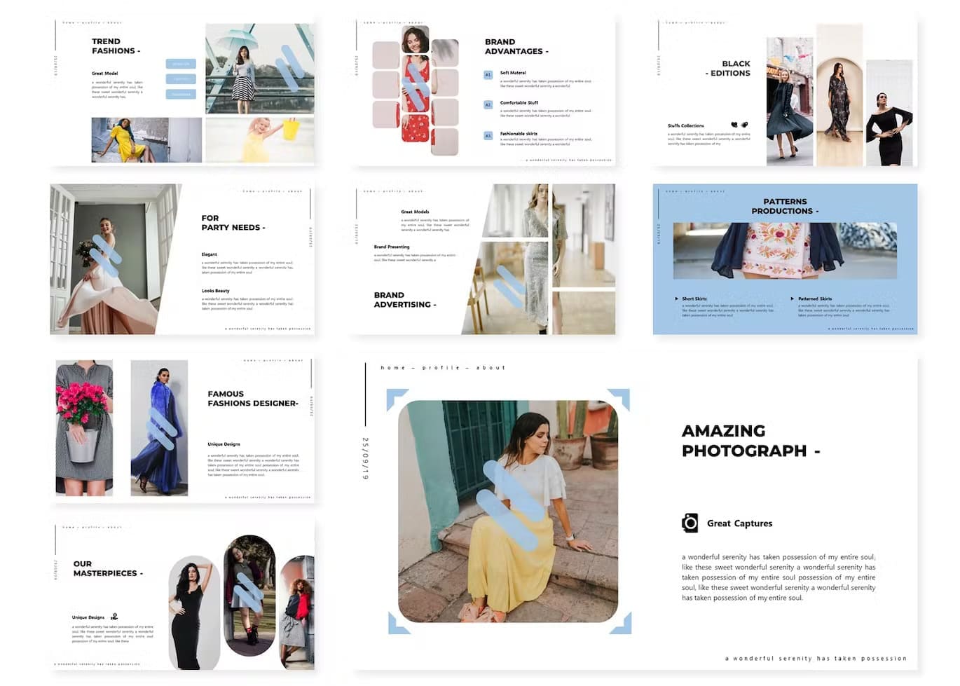 A collection of 9 slides Templates of the report: Trend fashions, Brand advantages, For party needs.