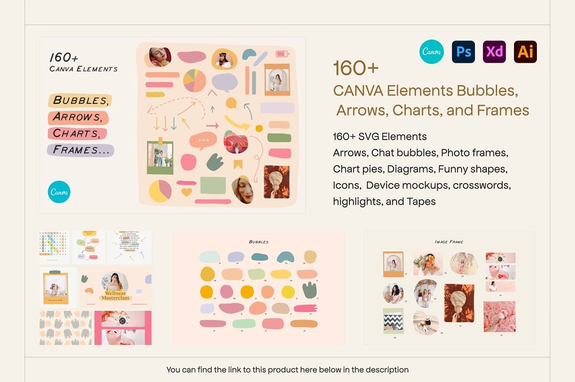 160+ Canva Elements Bubbles, Arrows, Charts, and Frames.