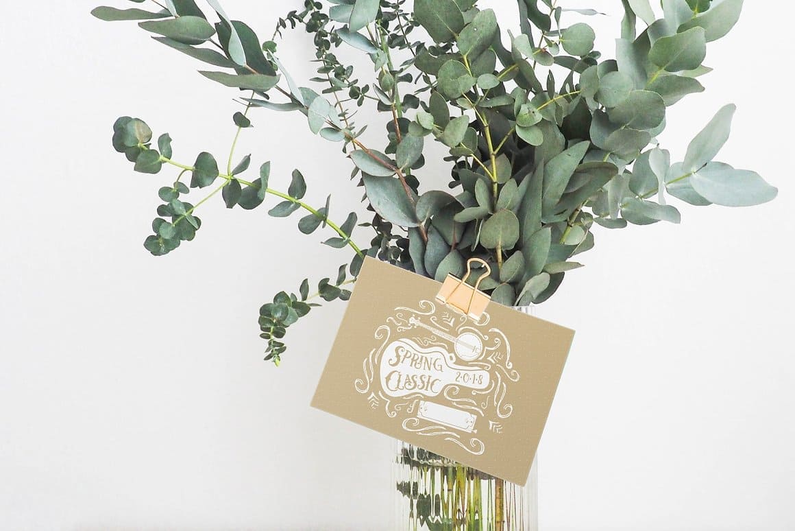 Southern band, invitation card "Spring Classic" and a bouquet of green branches in a vase.