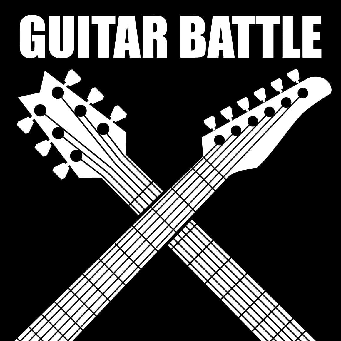 Battle of acoustic and electric guitars on a black background.
