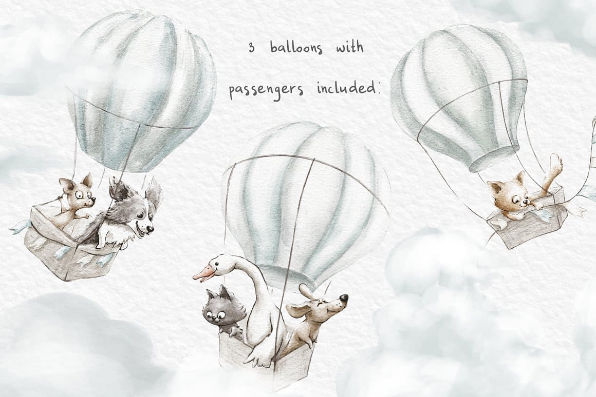 Air travelers on three balloons.