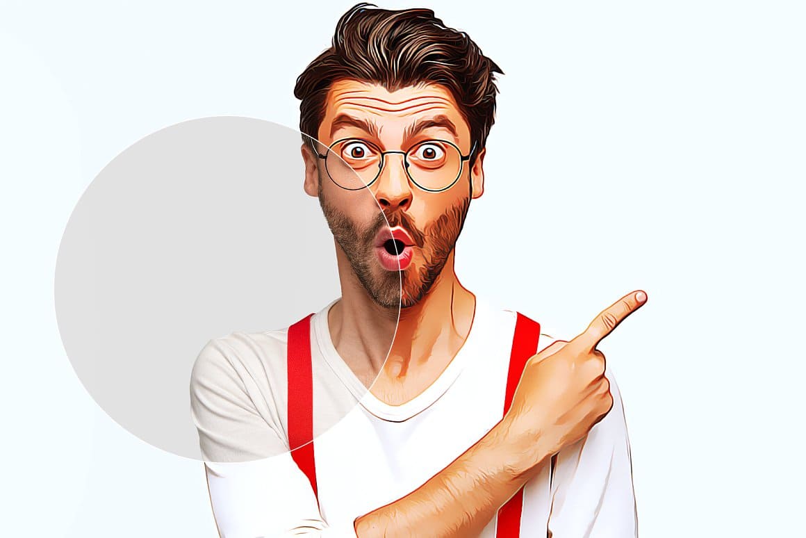 Vector oil painting preview of surprised man in white t-shirt and red suspenders.