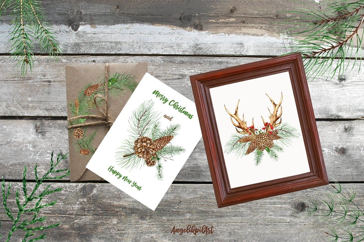 Conifer drawings on postcards and pictures with a wooden frame.