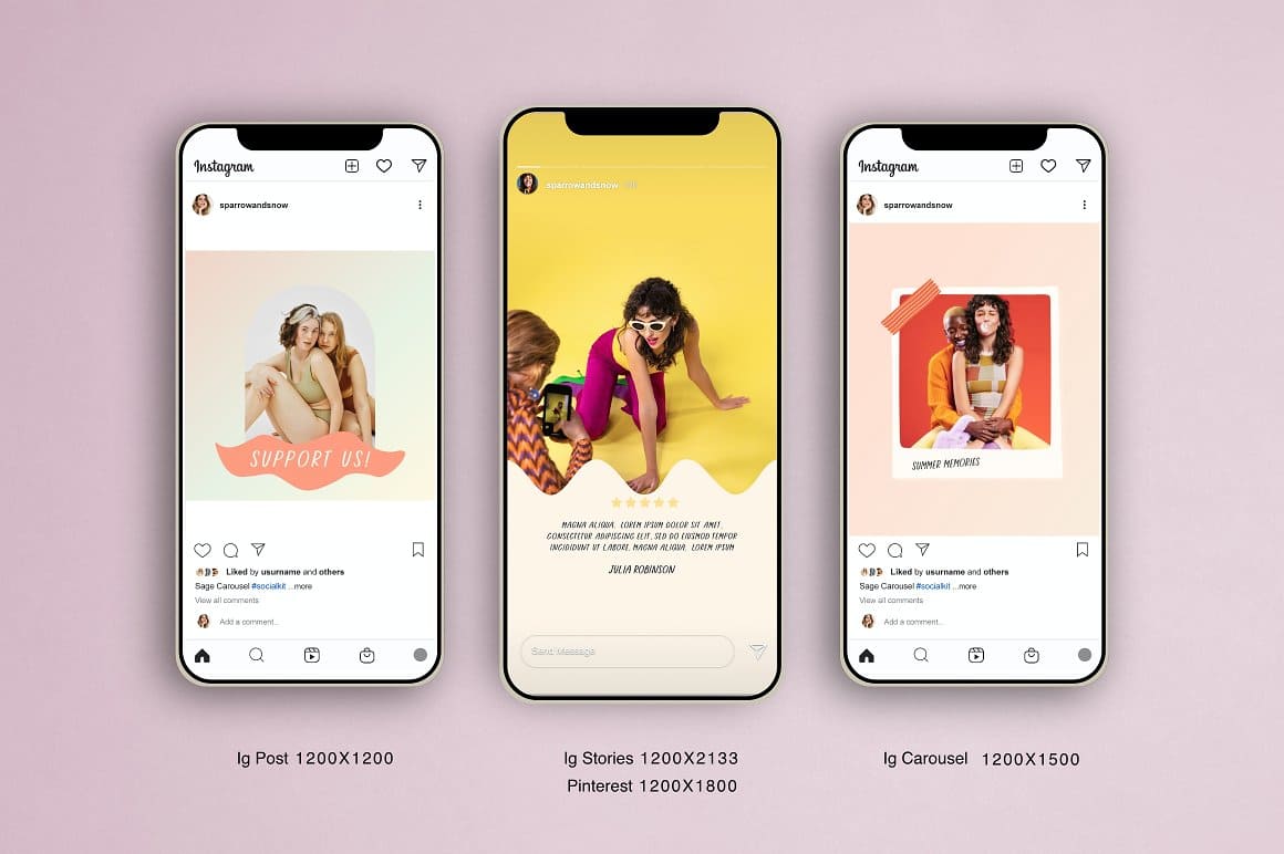 Social Media Kit for iPhone: Ig Post 1200x1200, Ig Stories 1200x2133, Ig Carousel.