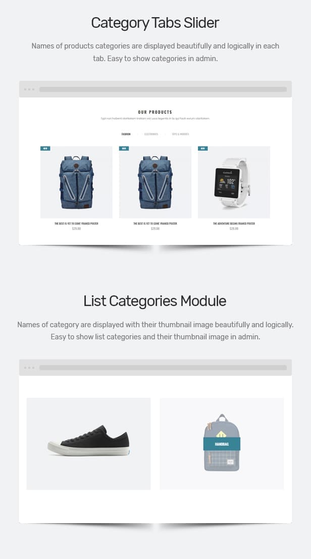 Category tabs slider of Sophie - Responsive Clothing, Shoes, Watches, Furniture Theme.
