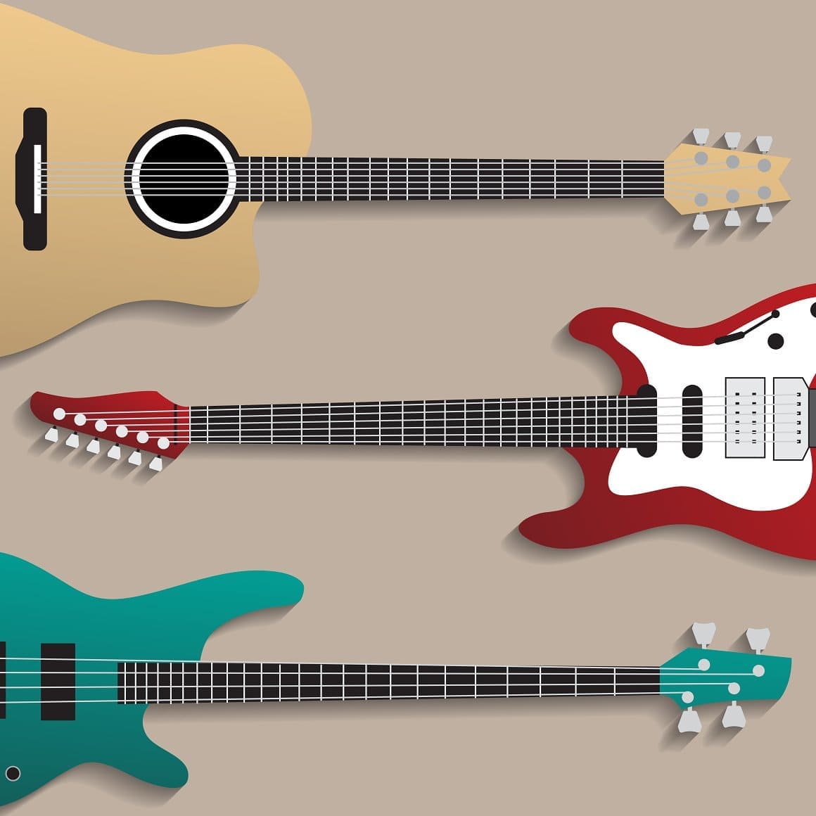 Guitars in three horizontal rows, acoustic and two electric guitars.
