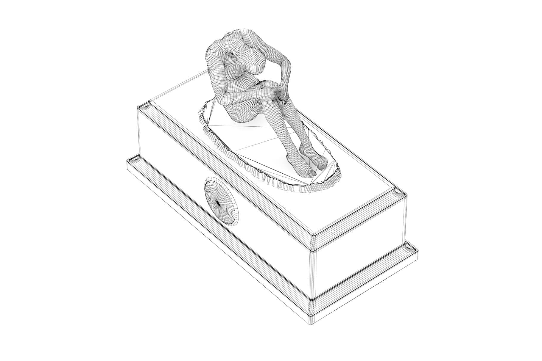 Top view of a clock mesh model with a seated statue.