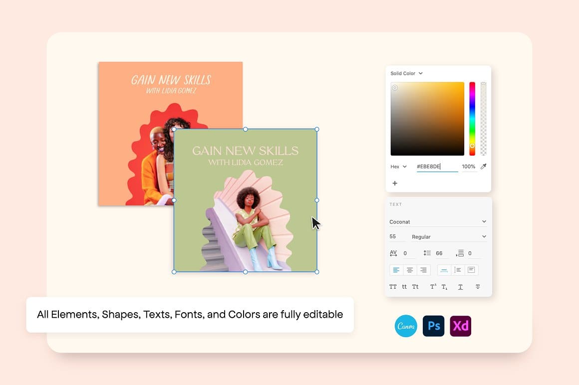 All Elements, Shapes, Texts, Fonts, and Colors are fully editable.