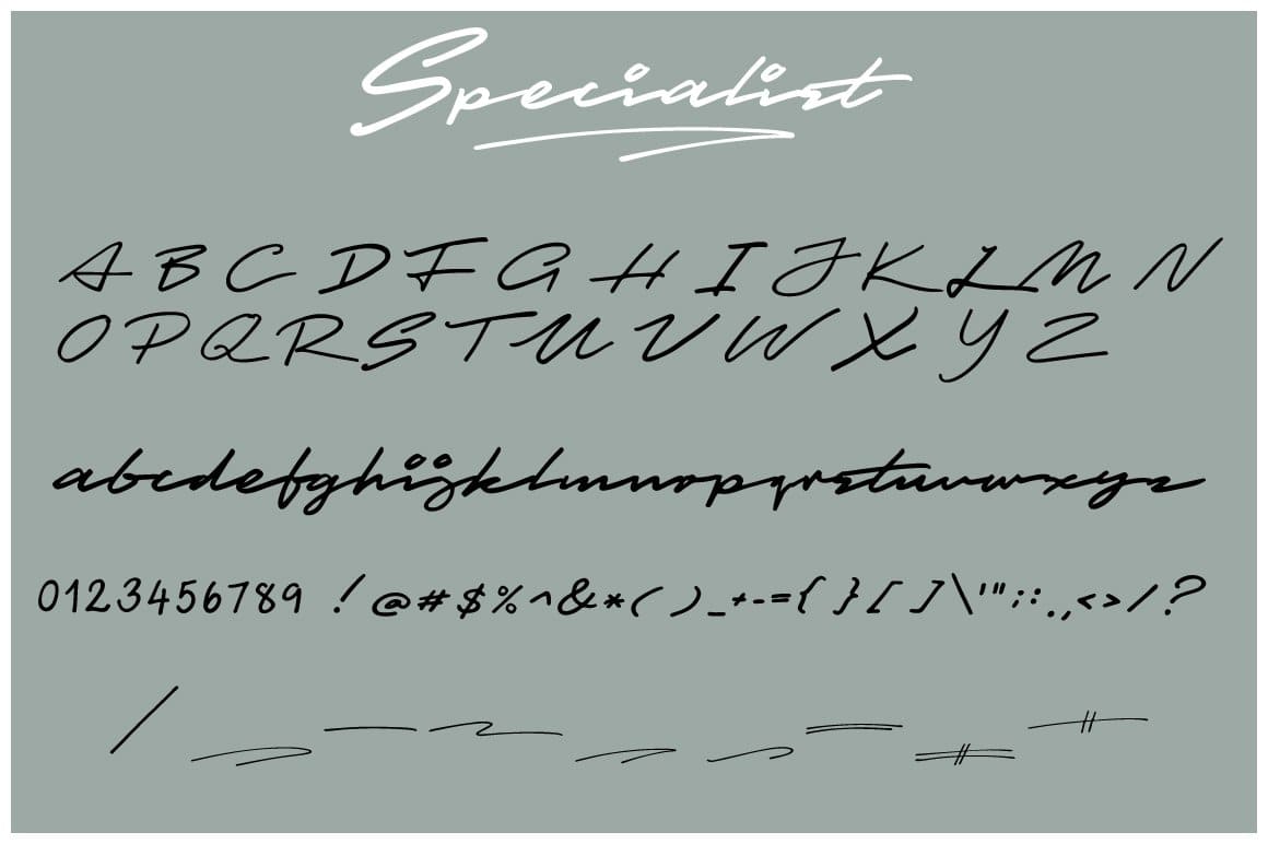 Special handwritten font - alphabet, numbers, special symbols on a gray background.