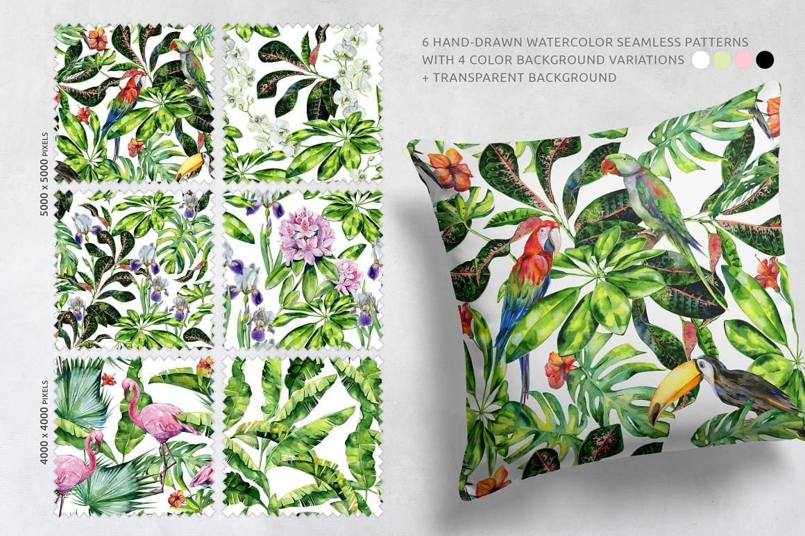 Rainforest, 6 Hand-Drawn Watercolor Seamless Patterns with 4 Color Background Variations.