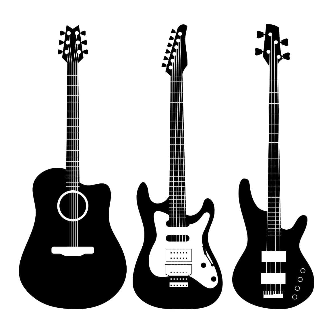 Black and white guitars from acoustic to electric guitar.