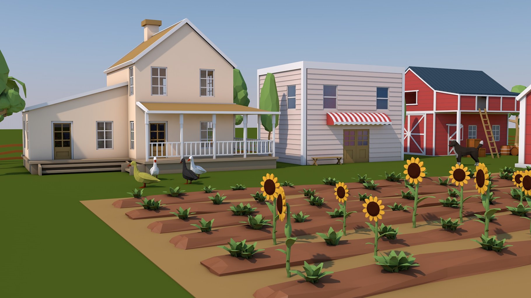 Sunflowers and houses.