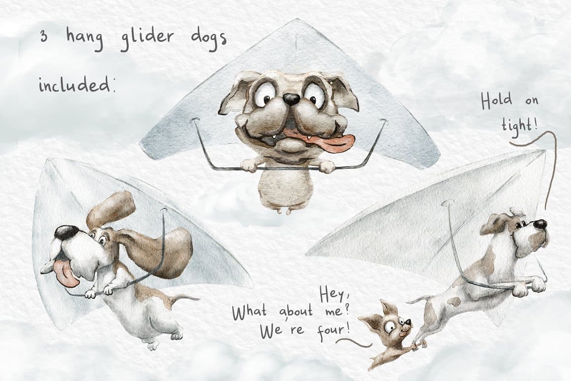 Dogs on three hang gliders.