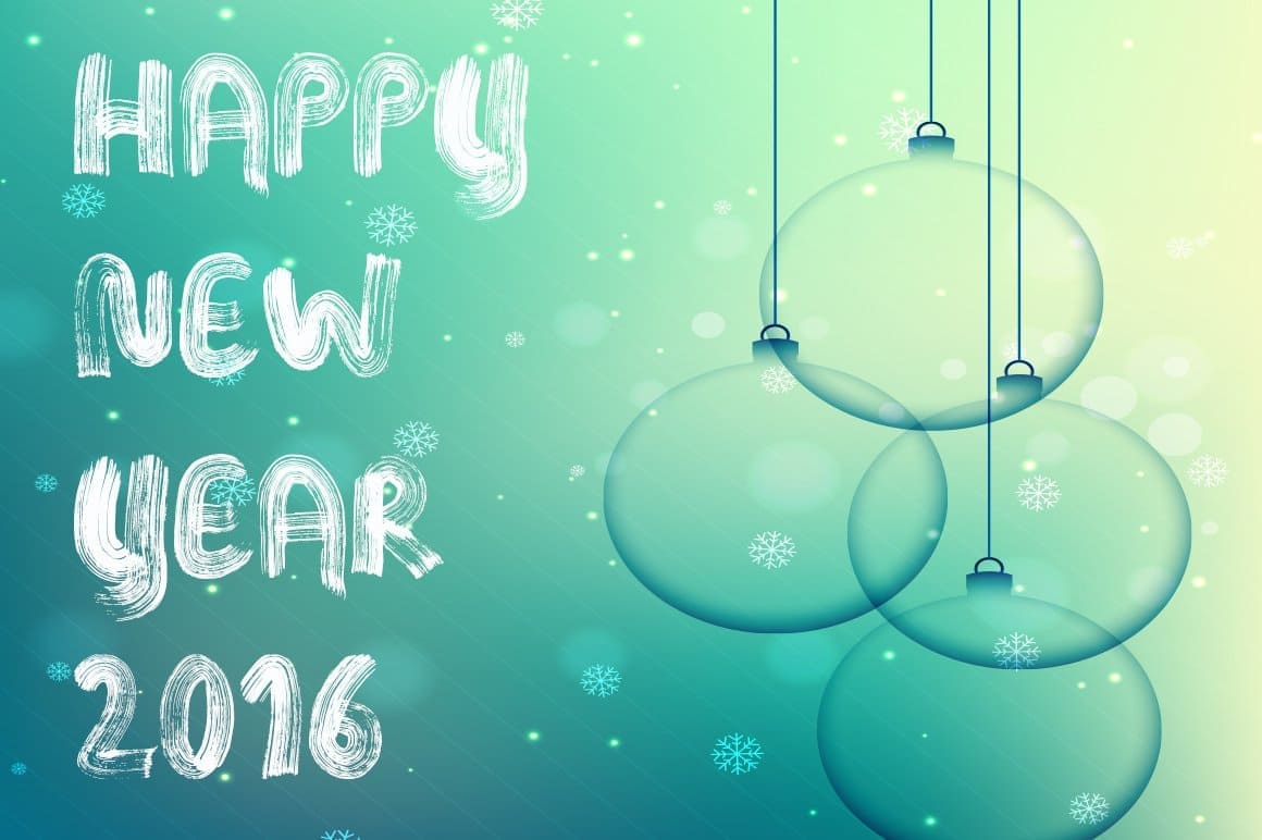 The inscription "Happy New Year 2016" in white paint on a background of green balls.