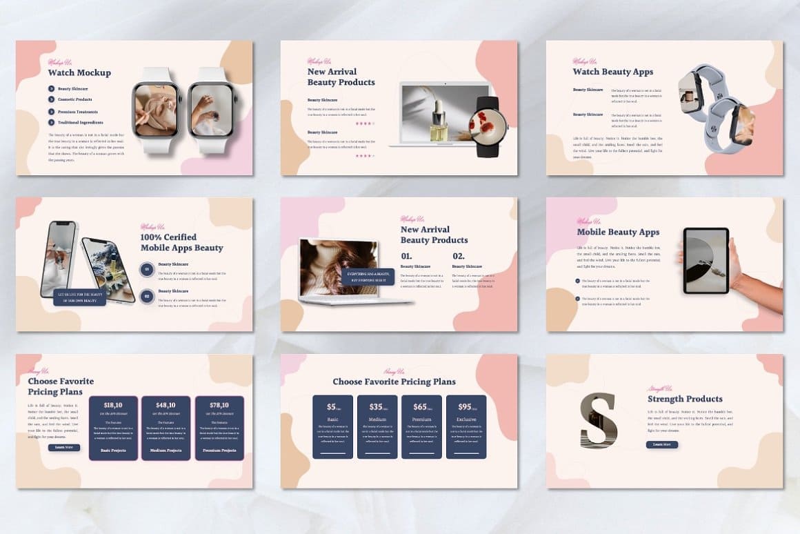 All slides of Mayvel beauty product presentation template.