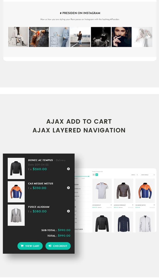 Presiden clothing and fashion theme, Ajax add to cart Ajax layered navigation.