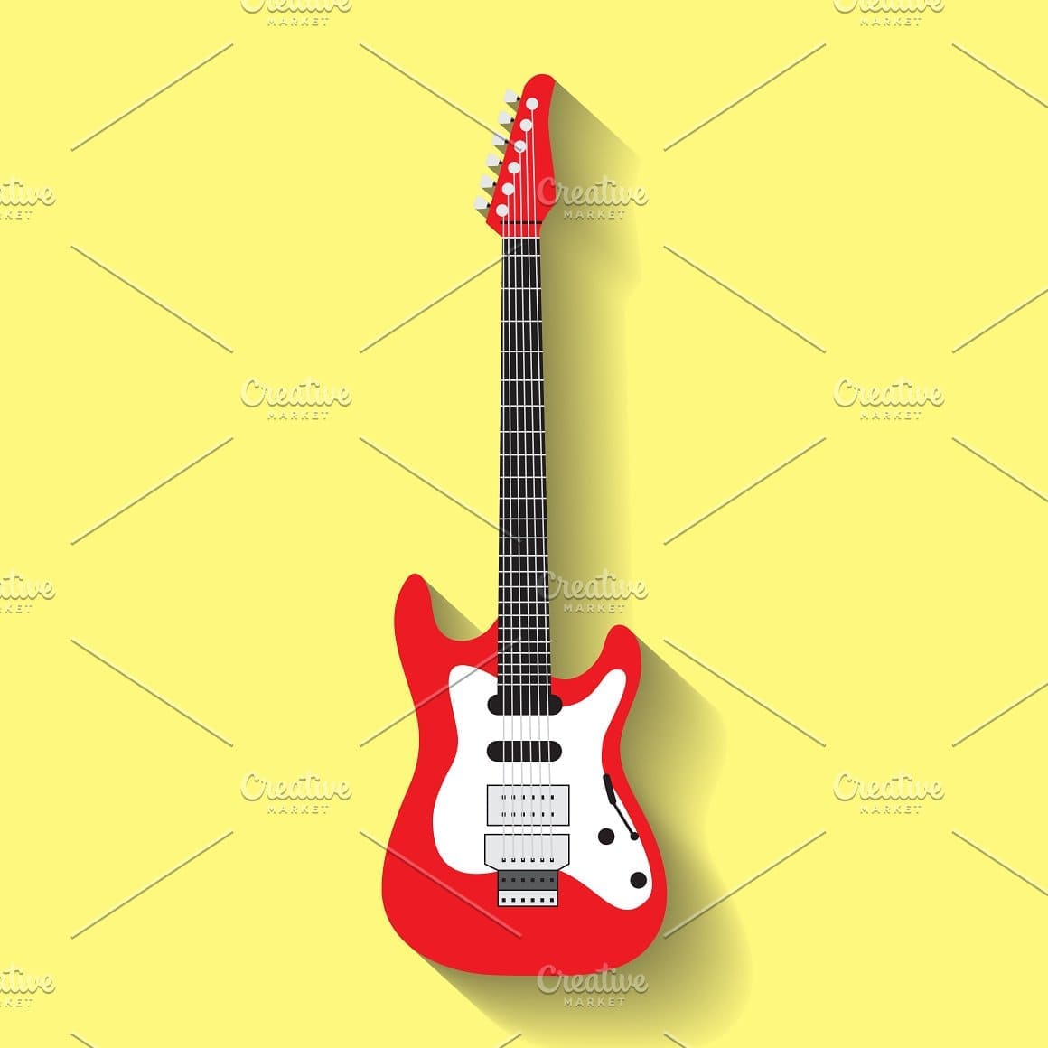 Red and white electric guitar on a yellow background.