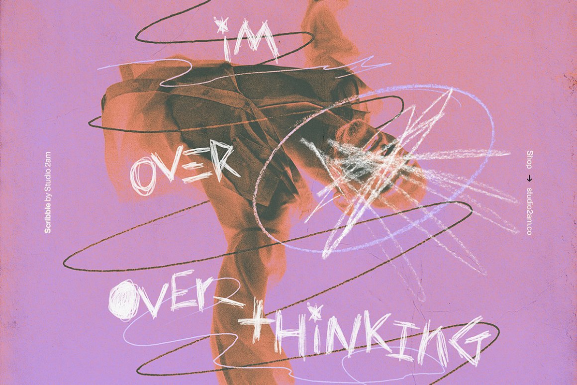 White scribble lettering "Im over over thinking" on the abstract background in pink and purple.