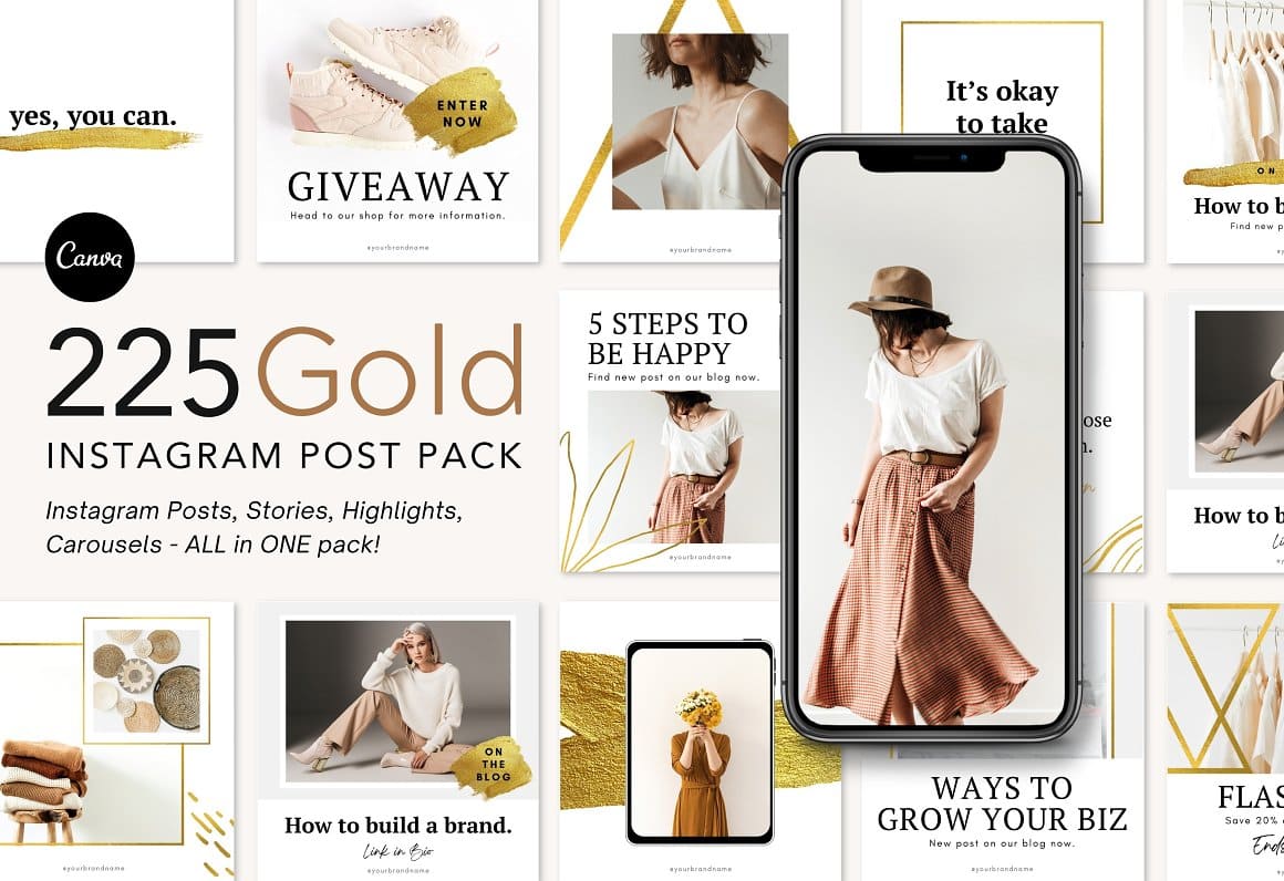 225 Gold Instagram post pack: Instagram posts, stories, highlights, carousels – all in one pack.