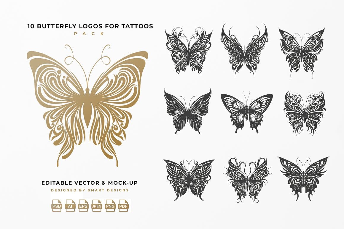 10 butterfly logos for tattoos pack.