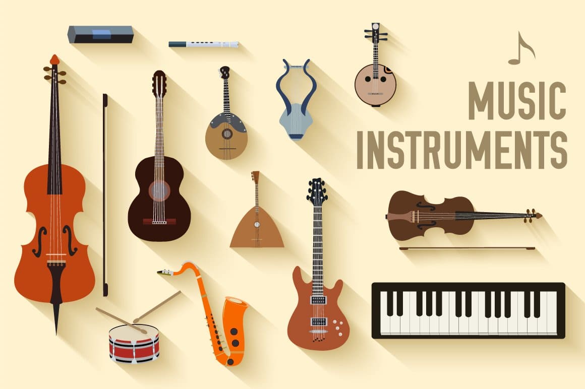 Images of various musical instruments from a drum to a cello.