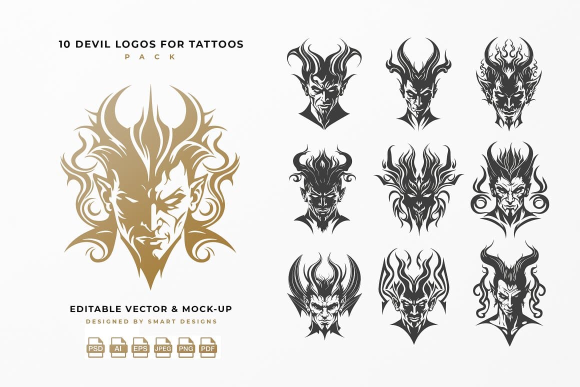 10 devil logos for tattoos pack on the white background.