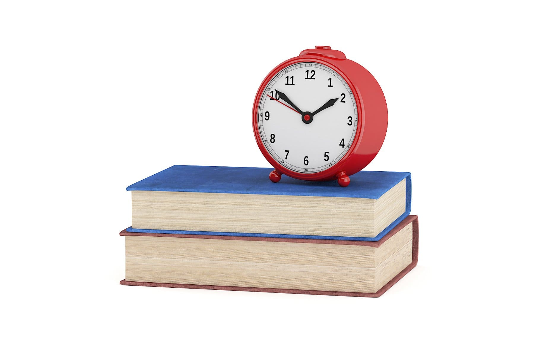 A book with a red cover, a book with a blue cover and a red watch.