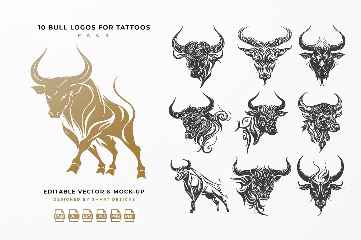10 bull logos for tattoos pack.