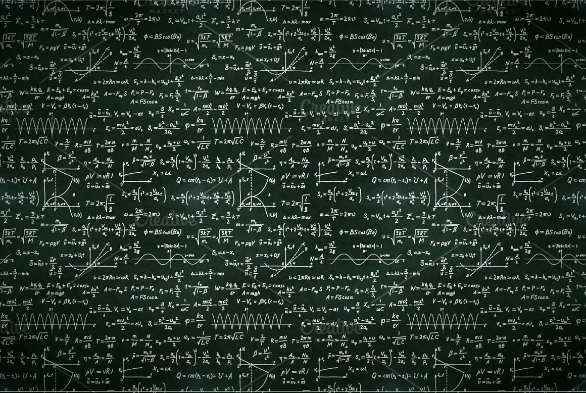 Mathematical formulas, graphs are depicted on a school blackboard.