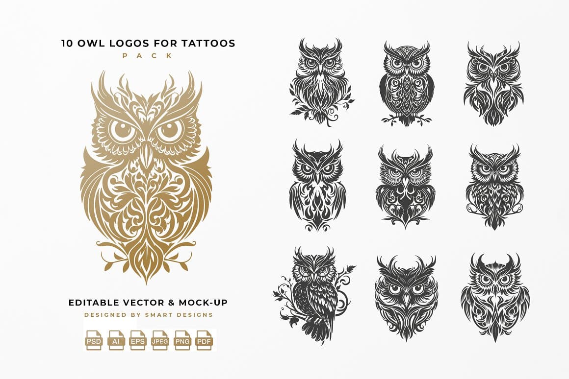 Owl Logos for Tattoos Pack x10 on the white background.