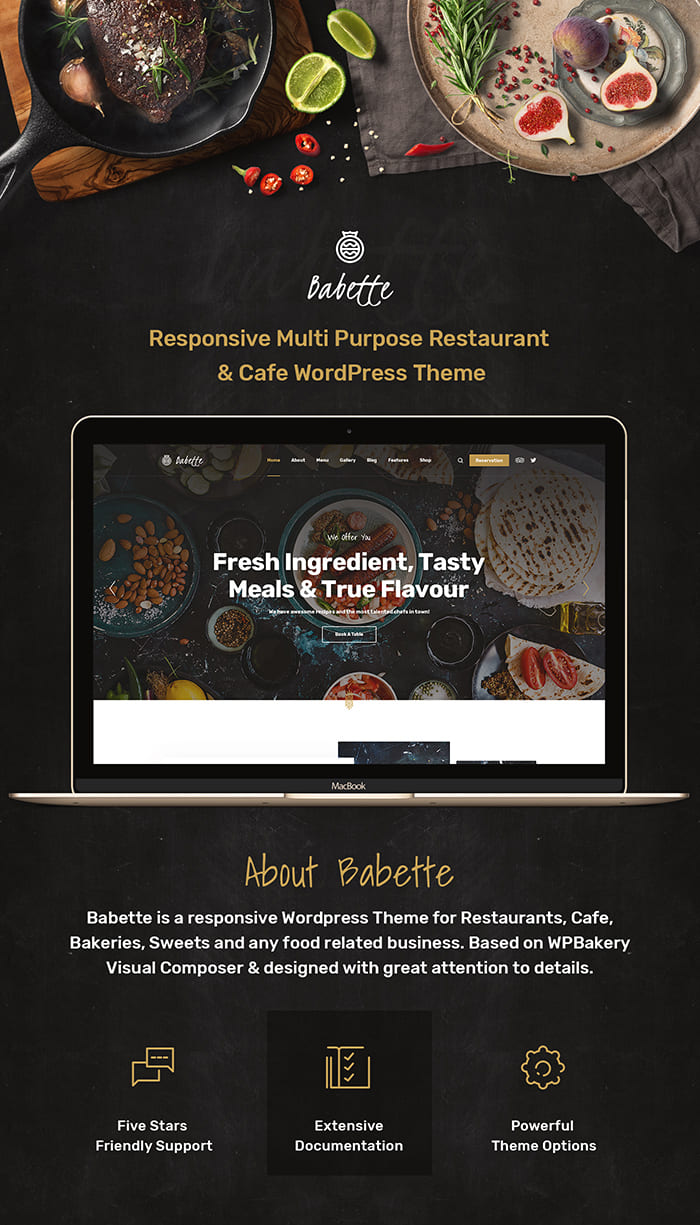 Preview Babette - Restaurant & Cafe WordPress Theme on the laptop.