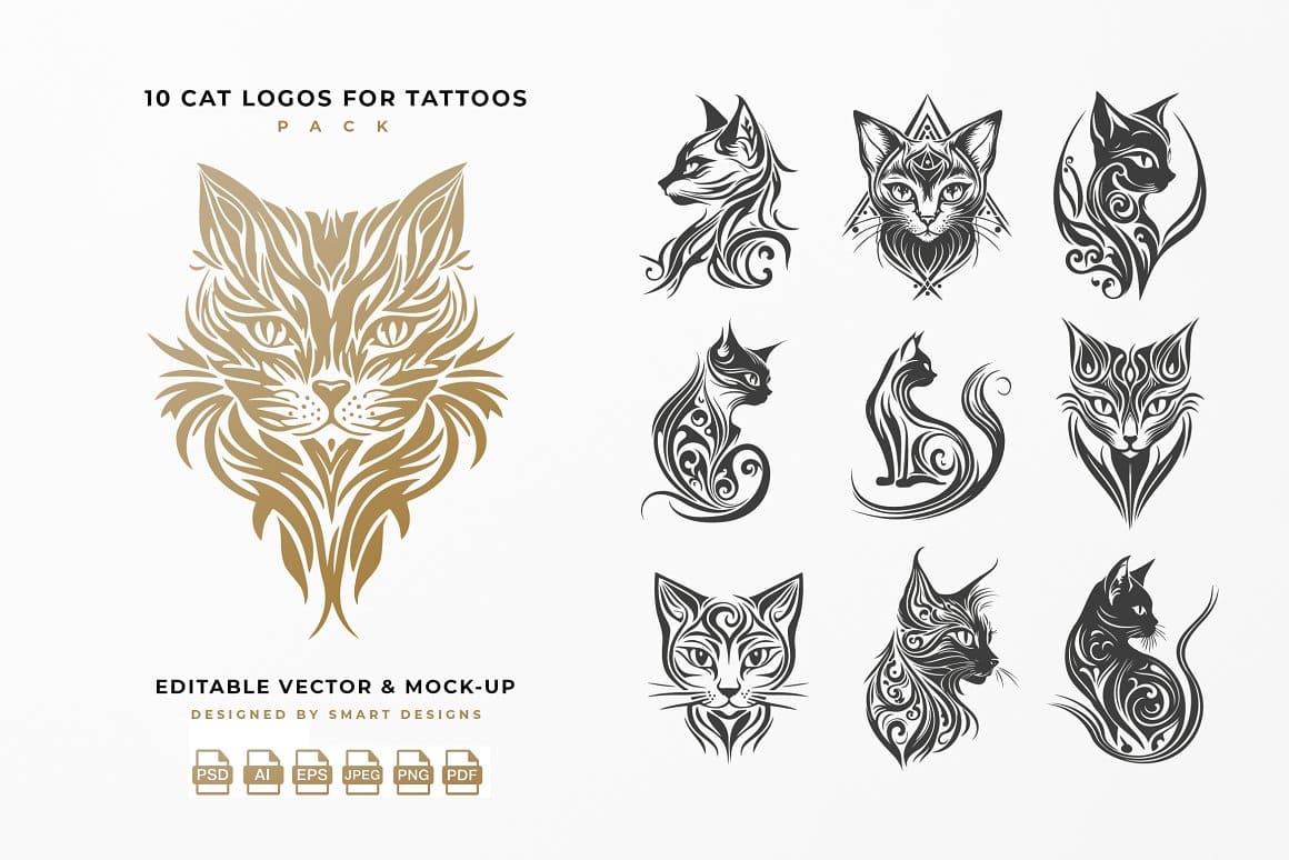 10 cat logos for tattoos pack on the white background.