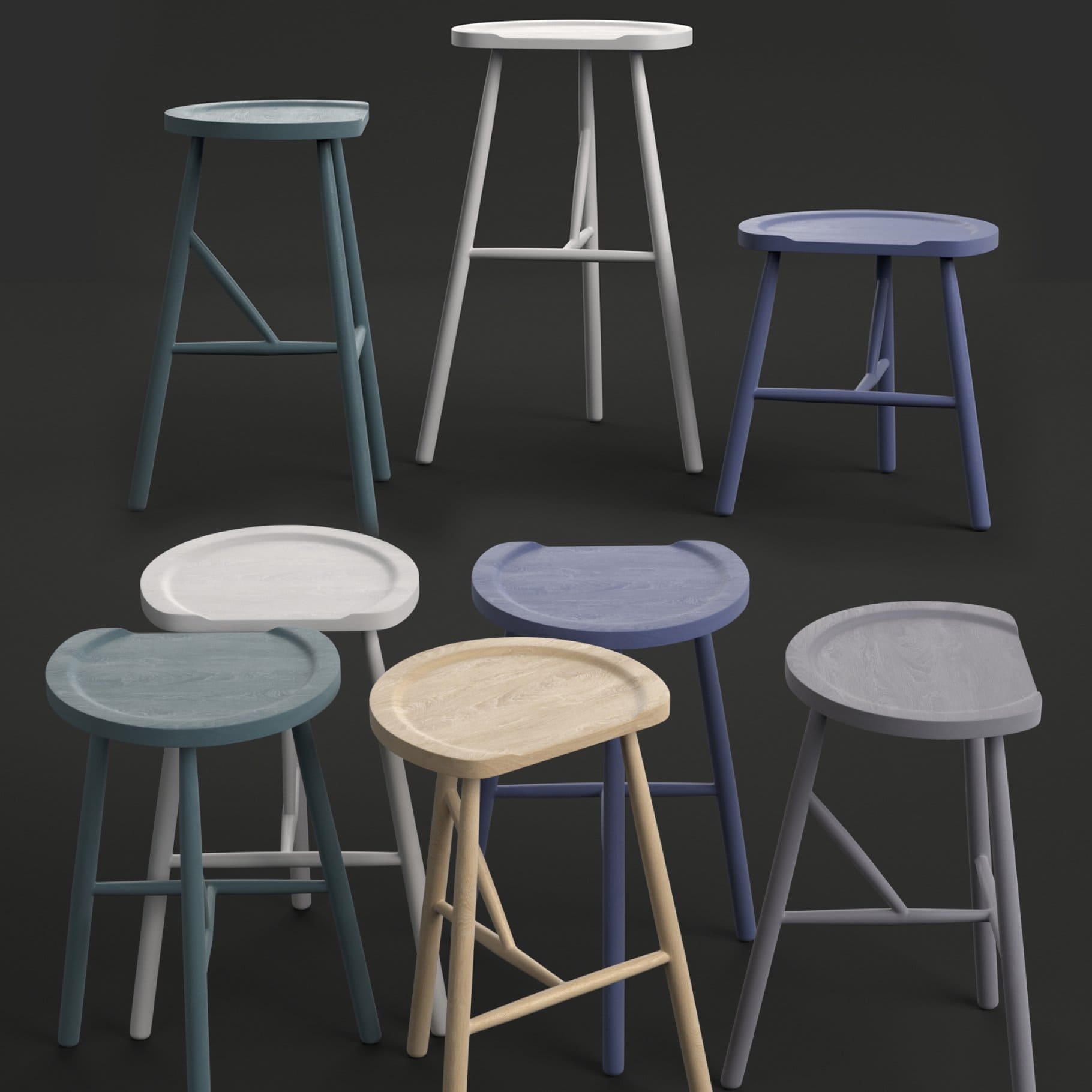 8 Puccio stools on a black background.