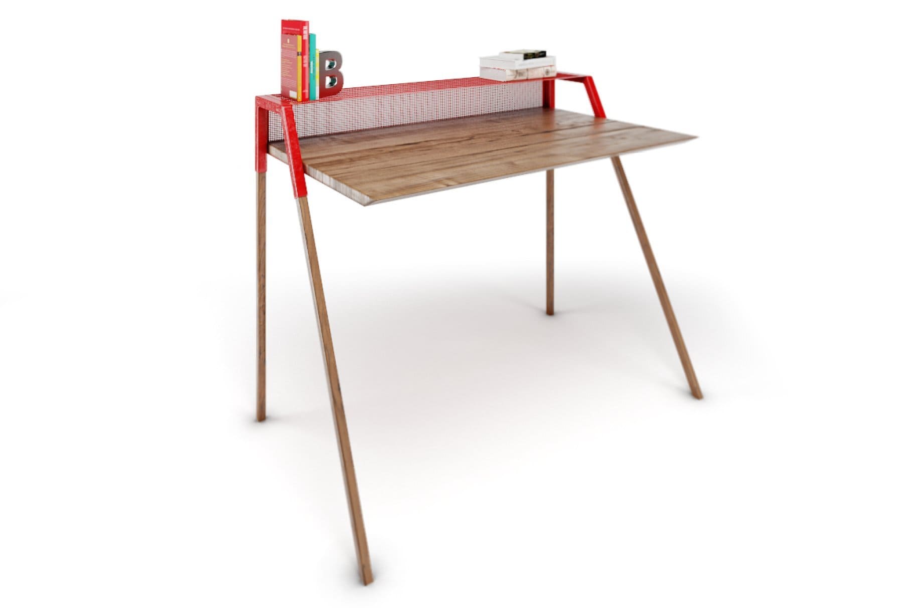 A wooden desk with a metal frame.