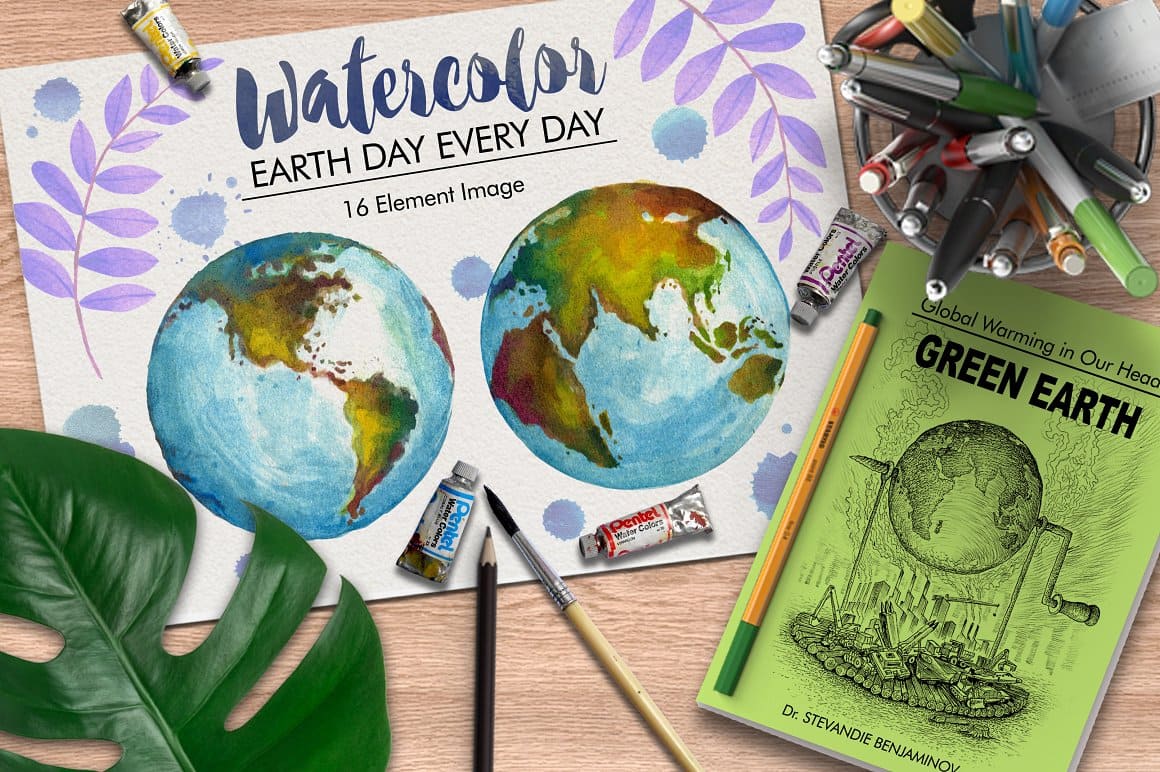 16 element images of watercolor Earth day every day.