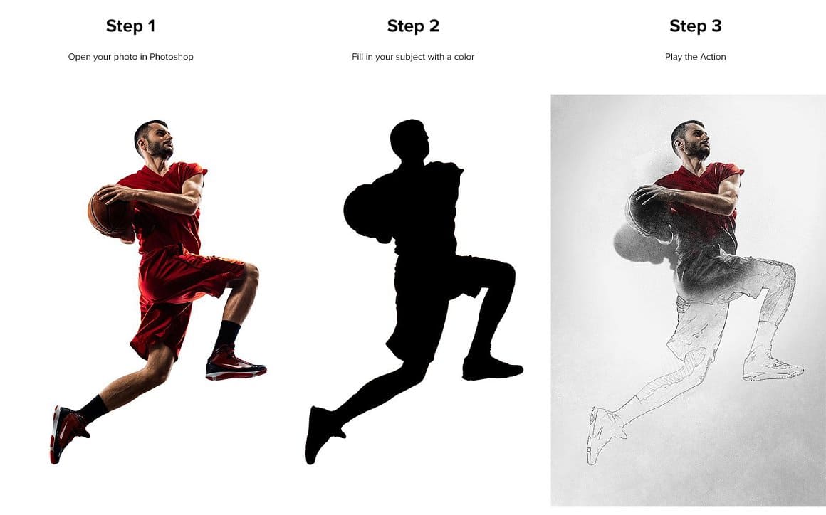 Three images of a basketball player: a silhouette, a photo and a pencil drawing.