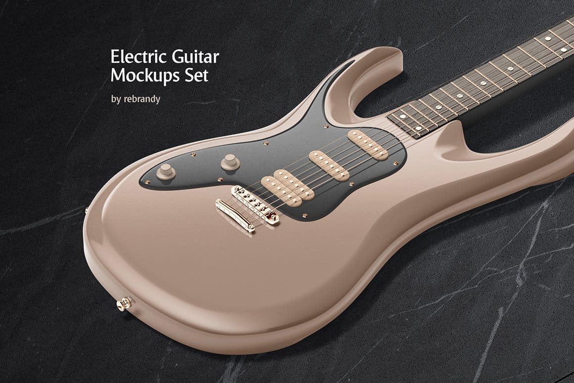 An image of a beige electric guitar on a black background.