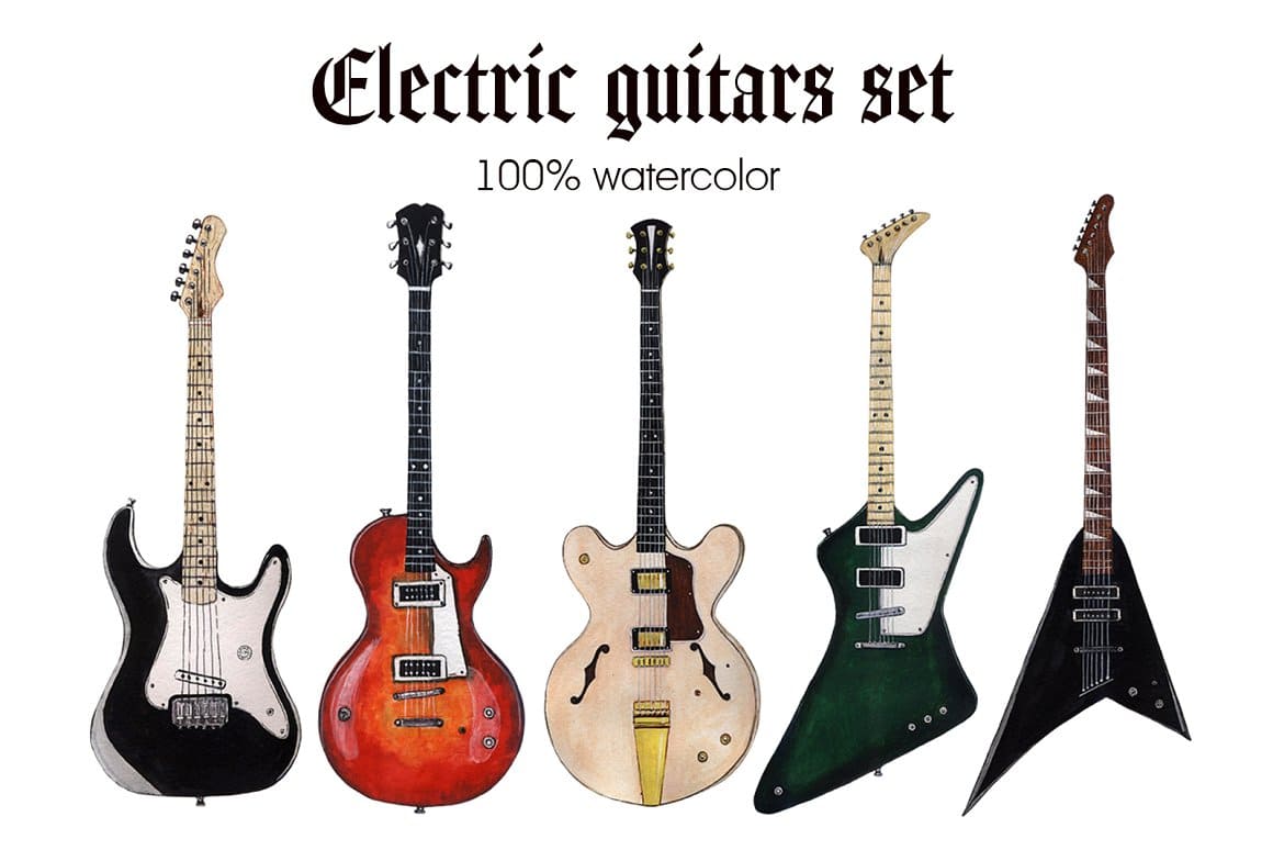 Electric guitars of different shapes.