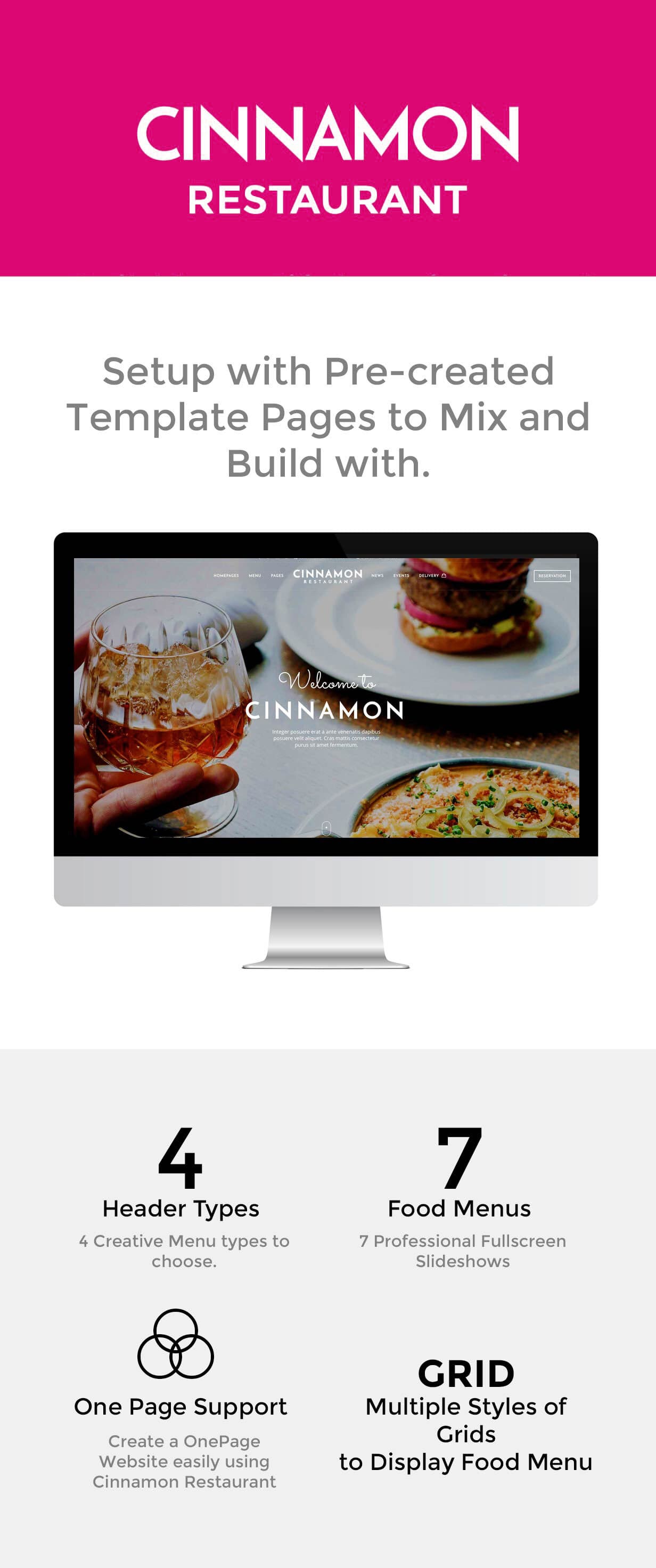 Preview "Cinnamon Restaurant Theme for WordPress" on the monitor.