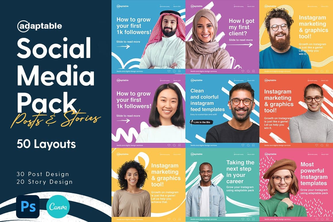 Social media pack, post & stories, 50 Layouts, main picture.