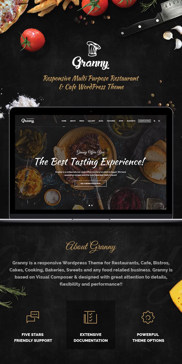 Preview Granny - Elegant Restaurant & Cafe WordPress Theme on the tablet.