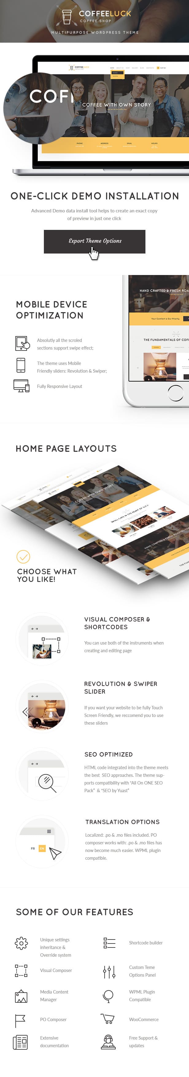 Mobile device optimization of the Coffee Luck | Cafe, Restaurant & Shop WordPress Theme.