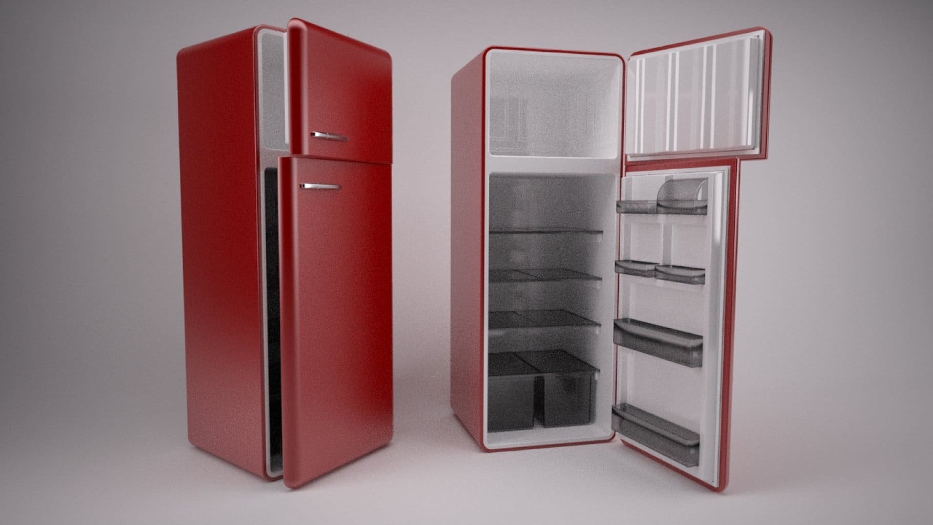 Red Refrigerator with doors fully open and closed.