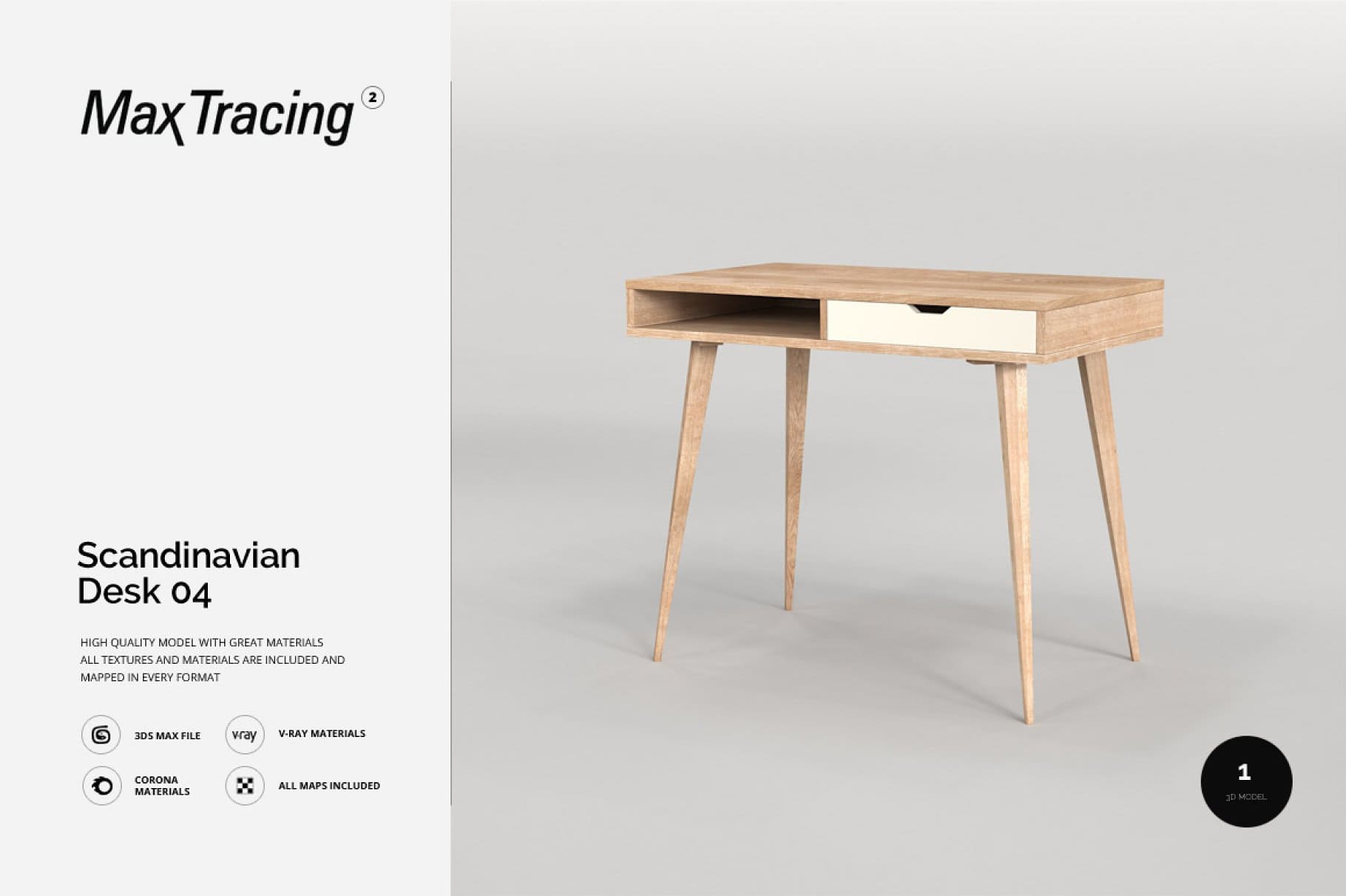 Scandinavian desk with shelves model 04 and "MaxTracing" logo.