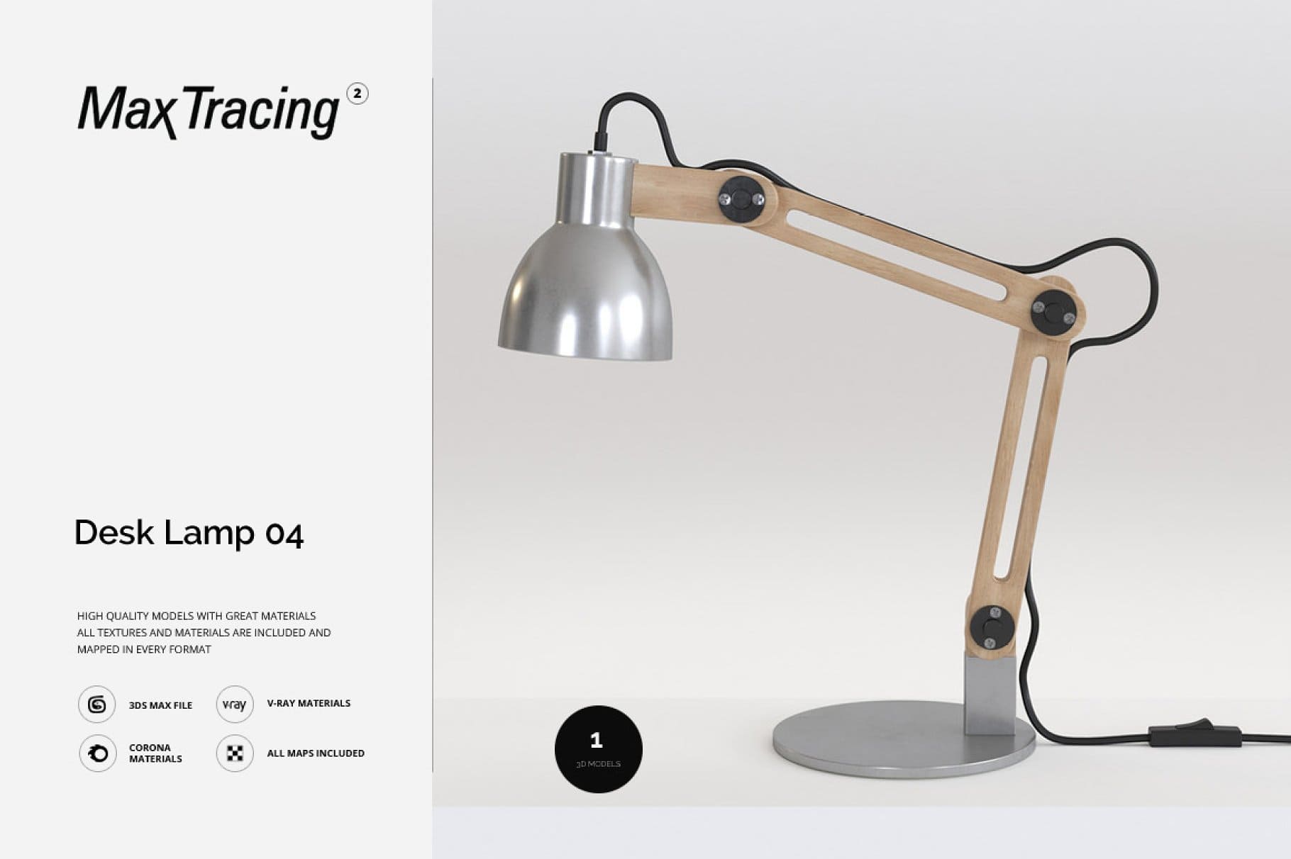 Table lamp with the title "MaxTracing" with a wooden stand.