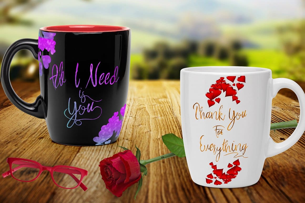 On two cups with a romantic design, the words are written in Saturday script.