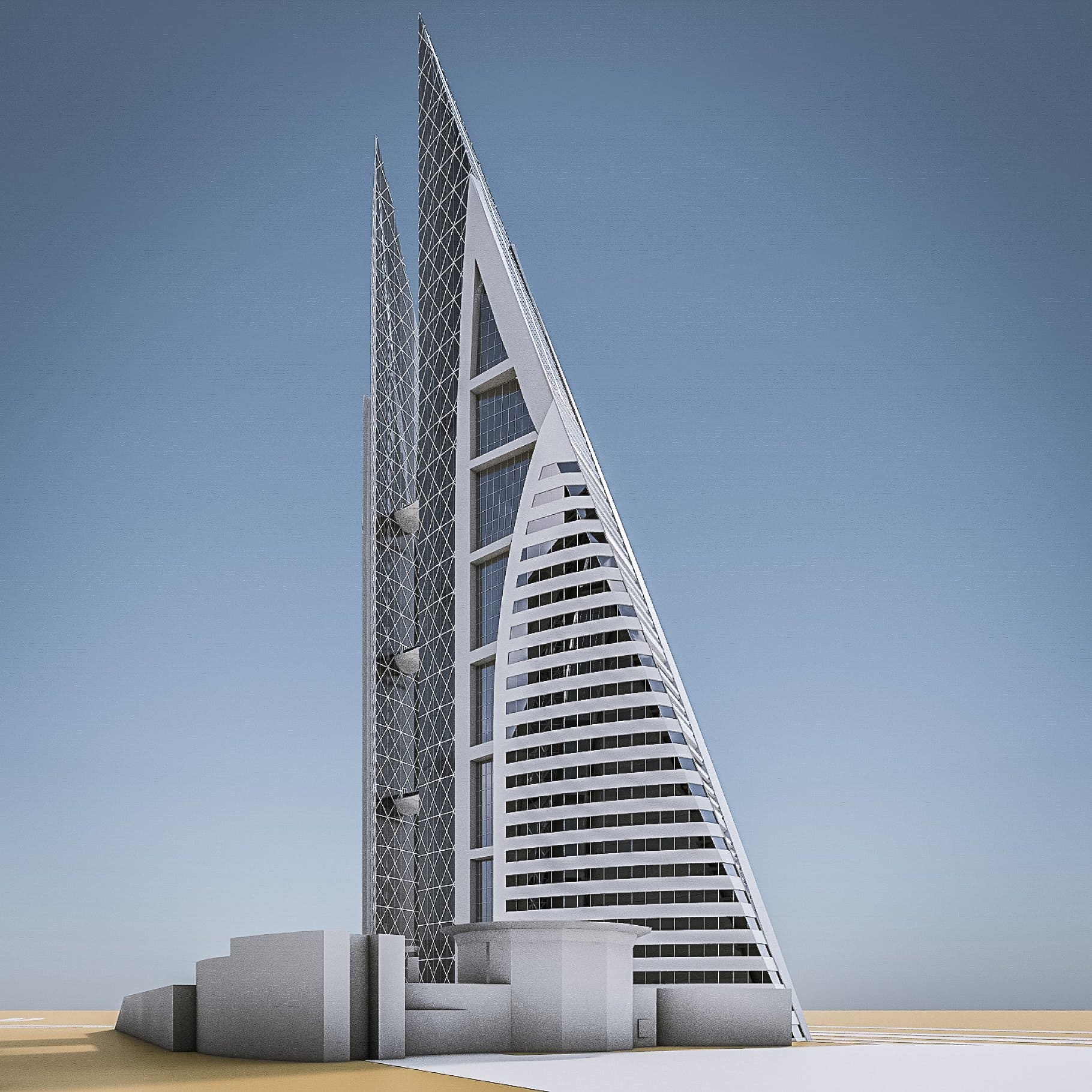 A real image of the Bahrain World Trade Center model against the background of the desert and the sky.