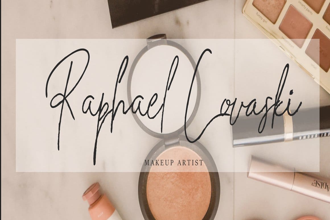 “Raphael Covaski makeup artist” is written in Whitley font.